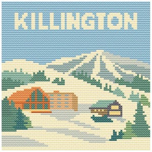 May include: Cross-stitch design depicting a snowy mountain scene with the word "KILLINGTON" at the top. The image shows buildings, trees, and a blue sky, all in a pixelated style, reminiscent of needlepoint.