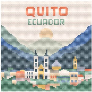 Puede incluir: Un diseño de punto de cruz que representa la ciudad de Quito, Ecuador. La obra de arte muestra un paisaje urbano con montañas, un sol y el texto "QUITO ECUADOR" en naranja y verde. El diseño utiliza una variedad de colores, incluyendo azul, verde, amarillo y naranja.