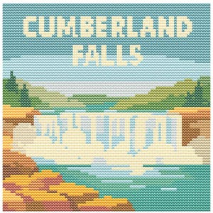 Puede incluir: Un diseño de punto de cruz con las cataratas de Cumberland. La obra de arte representa una cascada que cae en un río turquesa, con el texto "Cumberland Falls" en la parte superior. El cielo es azul claro y el paisaje incluye árboles verdes y rocas marrones y amarillas.