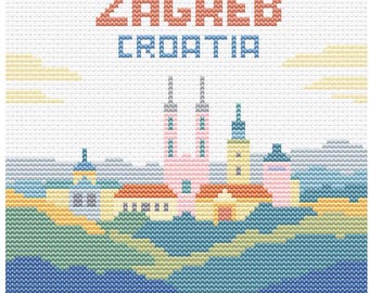 City Zagreb Cross Stitch Pattern - 80x80 Croatia Capital Design - Retro Pastel Travel Gift PDF