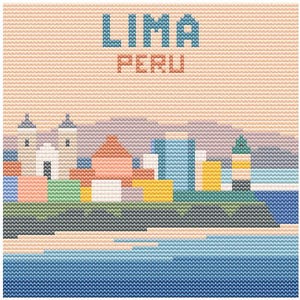 May include: Cross-stitch artwork featuring the cityscape of Lima, Peru. The design includes buildings, a lighthouse, and the ocean, with the text "LIMA PERU" at the top. The color palette includes shades of blue, pink, green, and yellow.
