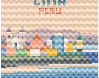 City Lima Cross Stitch Pattern - 80x80 Peru Coastal Capital - Retro Pastel Travel Gift PDF