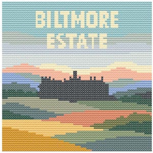 May include: A cross-stitch design featuring the words "BILTMORE ESTATE" in light yellow against a blue sky. Below, a dark silhouette of a building is set against a landscape of pastel colors, including peach, green, and yellow.