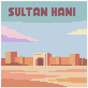 Puede incluir: Obra de arte de punto de cruz con el texto "SULTAN HANI" sobre un paisaje estilizado. La escena incluye un edificio con una entrada arqueada, sobre un cielo azul con nubes pastel. La paleta de colores es cálida, con tonos de naranja, melocotón y marrón.