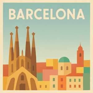 Może przedstawiać: Kolorowy plakat podróżniczy z napisem "BARCELONA" w dużych białych literach u góry. Obraz przedstawia stylizowane ilustracje budynków, w tym Sagrada Familia, w odcieniach brązu, pomarańczy i innych kolorów na tle jasnoniebieskiego nieba.