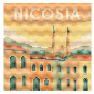May include: Cross-stitch artwork featuring the city name "NICOSIA" above a colorful cityscape. The buildings are in shades of orange, peach, and green, with teal windows and red rooftops. The background is a gradient of yellow and orange.