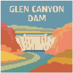 Könnte beinhalten: Ein Kreuzstich-Design mit dem Glen Canyon Dam. Das Kunstwerk zeigt den Damm in Beige vor dem Hintergrund farbenfroher Canyonwände in Rot-, Orange- und Gelbtönen mit blauem Himmel. Der Text 'Glen Canyon Dam' ist oben.