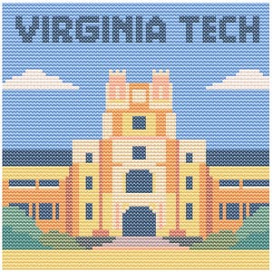 May include: A cross-stitch design featuring the words "VIRGINIA TECH" above a detailed illustration of a university building. The building is rendered in shades of yellow, orange, and blue, with a blue sky and white clouds in the background.
