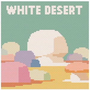 May include: A cross-stitch design with the words "WHITE DESERT" in white block letters at the top. The image features a landscape with a large white sphere, and other shapes in pink, purple, and yellow.