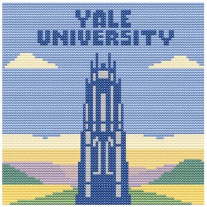 May include: A cross-stitch design featuring the words "YALE UNIVERSITY" above a blue tower. The tower is set against a backdrop of a blue sky, yellow and purple hills, and green fields. The design has a pixelated appearance.
