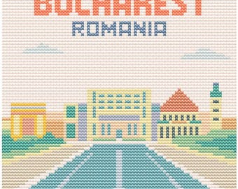 Heritage Bucharest Cross Stitch Pattern - 80x80 Romania Capital City - Retro Pastel Travel Gift PDF