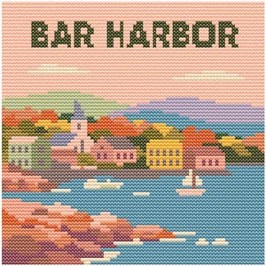 May include: Cross-stitch artwork featuring the text "BAR HARBOR" above a coastal town scene. The image depicts buildings, a church, and boats on the water, with colorful trees and mountains in the background. The color palette includes pink, blue, green, orange, and yellow.