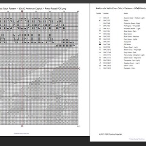 May include: A cross-stitch pattern titled "Andorra la Vella" with the text in capital letters. The pattern is on a grid, with a color key on the right. The pattern is 80x80 and uses the Andoman Capital font.