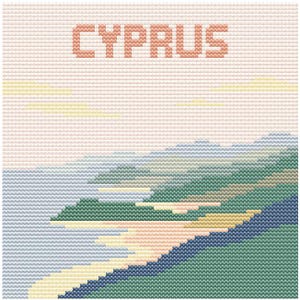 May include: Cross-stitch artwork featuring the word "CYPRUS" in peach-colored letters above a landscape. The scene depicts mountains, water, and sky in shades of blue, green, and yellow, creating a serene, textured effect.