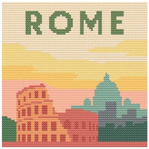 Può includere: Un disegno a punto croce con la scritta "ROME" in verde sopra un paesaggio urbano. L'immagine include il Colosseo e altri edifici nei toni dell'arancione, del rosa e del verde, su uno sfondo di cielo giallo e arancione.