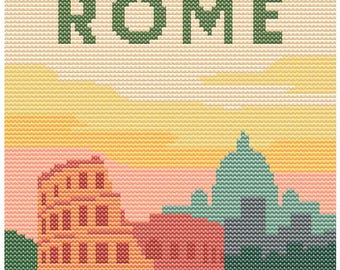 May include: A cross-stitch design featuring the word "ROME" in green above a cityscape. The image includes the Colosseum and other buildings in shades of orange, pink, and green, set against a yellow and orange sky.