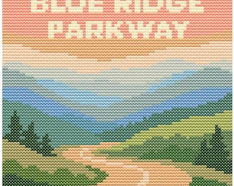 Korsstygnsmönster för Blue Ridge Parkway – 80x80 Appalachian Landmark – Retro Pastel Scenic Travel stygndiagram