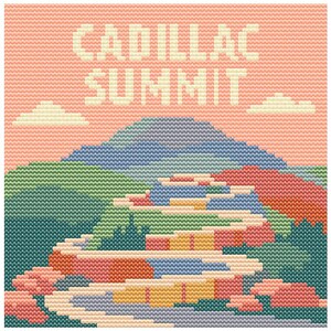 May include: Cross-stitch artwork featuring the text "CADILLAC SUMMIT" above a mountain scene. The design uses a variety of colors, including pink, blue, green, and orange, to depict a landscape with a winding road and stylized trees.