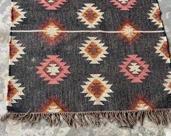 Handwoven Wool Jute Kilim Rug, Tribal Geometric Floor Decor