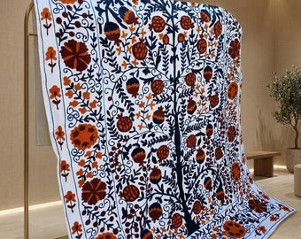 Handmade Suzani Tree of Life Tapestry, Embroidered Pomegranate Wall Hanging, Traditional Central Asian Floral Bedspread, Boho Cotton Throw
