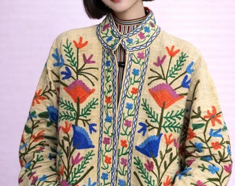 Vintage boho-geborduurd jack | Handgestikte crèmekleurige katoenen jas met bloemenprint Suzani Art-jas statement damesjas
