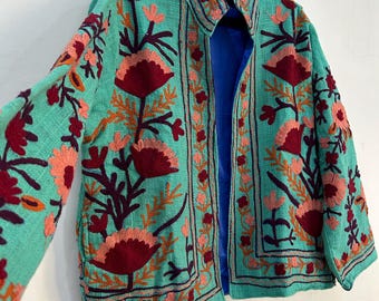 Green Suzani Embroidered Jacket, Floral Open Front, Women's Clothing open-front jacket Aari or Kashmiri-style crewel work.