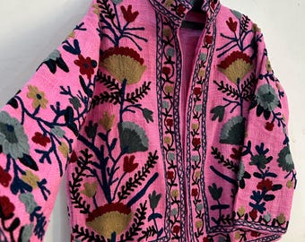 jacket Aari or Kashmiri-style crewel work. Pink Suzani Embroidered Jacket, Floral Open Front, Women's Clothing open-front
