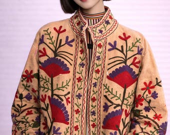 Suzani jas etnisch ambachtelijk geborduurd vest Crewel geborduurde jas handgemaakte bloemen boho wollen jas vintage stijl