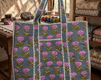 Bolso tote acolchado hecho a mano - Bolso de hombro de algodón con estampado de bloques de Jaipur - Bolso de mano grande reversible estilo boho con estampado floral hecho a mano y bolsillos