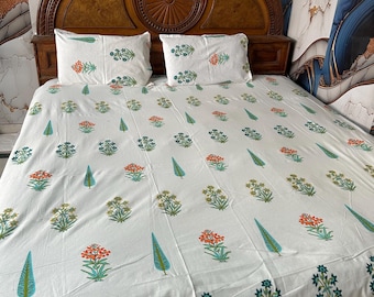 Juego de sábanas de algodón con estampado a mano, diseño floral de ciprés