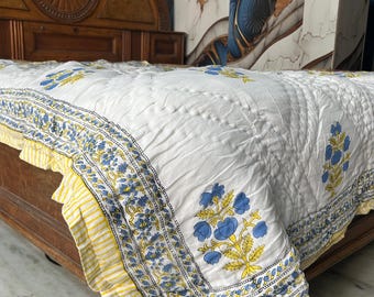 Edredón Queen cosido a mano: piezas hechas a mano con estampado de bloques de algodón reversible, edredón Kantha verdaderamente especial, manta o cubrecama acolchado.