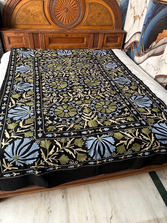Bohemian Black Floral Tapestry Uzbek Suzani  Embroidered Cotton Bedsheet, Boho Home Decor Suzani-style embroidery Central Asian Textile