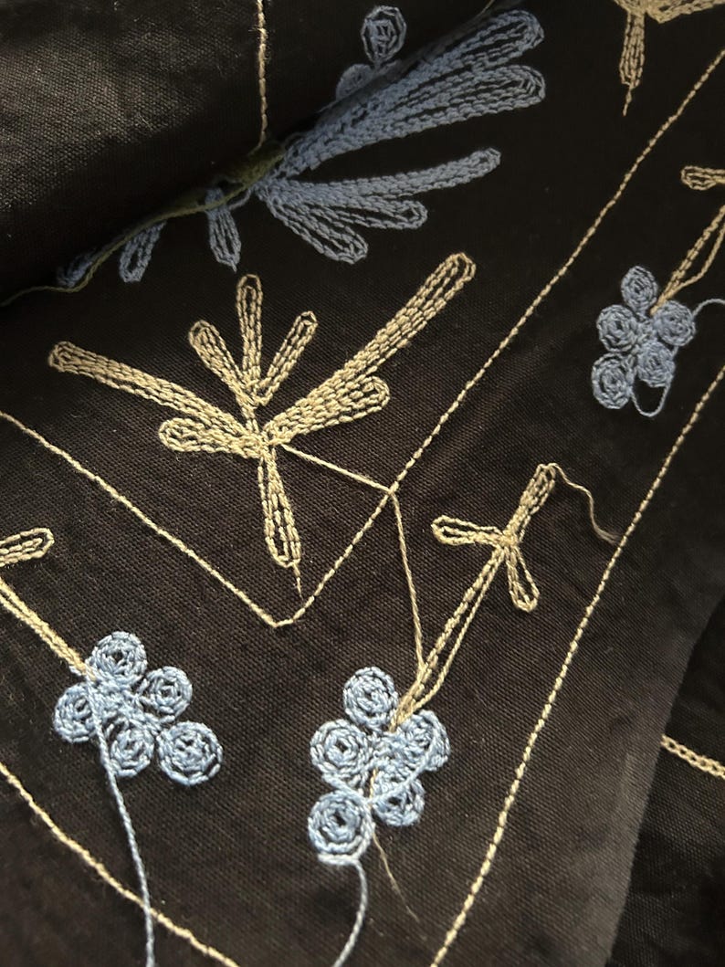 May include: Close-up of black fabric with detailed embroidery. The design features light blue and beige floral and leaf patterns, along with delicate white stitching. The embroidery creates a textured, artistic effect.