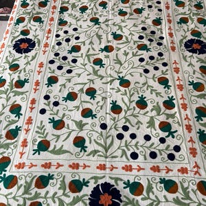 Suzani-style embroidered bedsheet Uzbek Suzani Queen Tapestry, Embroidered White cotton Bedsheet, Boho Home Decor Chain Stitch Art image 2