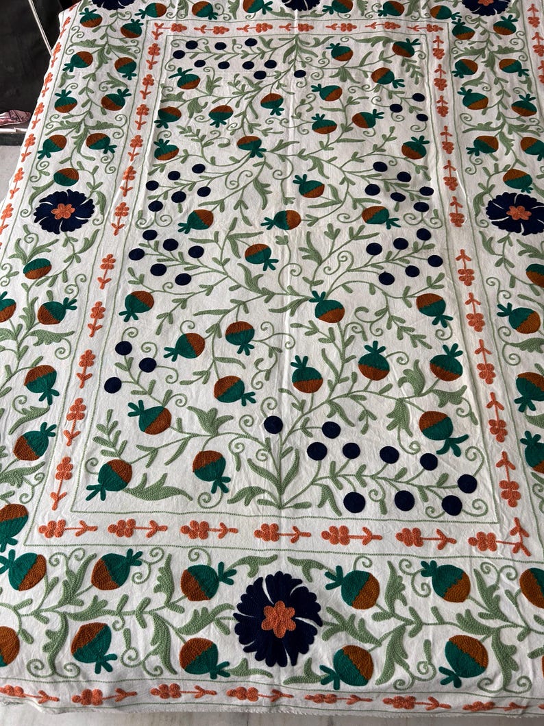 Suzani-style embroidered bedsheet Uzbek Suzani Queen Tapestry, Embroidered White cotton Bedsheet, Boho Home Decor Chain Stitch Art image 2