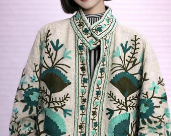 Suzani jas etnisch ambachtelijk geborduurd vest Crewel geborduurde jas handgemaakte bloemen boho wollen jas vintage stijl
