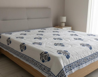 Quilt floral motifs 100% cotton voile Jaipuri Razai striped border Kantha Quilt Hand-Stitched Cotton Reversible Bedspread