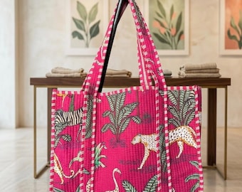 Bolso de mano rosa con estampado de animales tropicales, de lona acolchada, con estampado de leopardo y flamencos, estilo boho, ideal para viajes.