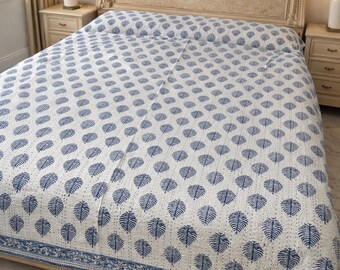 Katoenen sprei met bladmotief in blokstijl sprei Kantha Bloemen Indiase quilt Hippie Boho Deken Gooi Sprei sprei