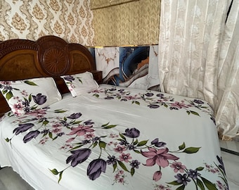 Funda de cama con dos almohadas con estampado floral Jaipuri, estampado a mano en bloque, rosas de algodón, diseño floral hecho a mano