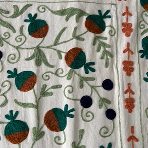 May include: Close-up of a white textile with embroidered floral patterns. The design features green leaves and stems, with brown and green fruit-like shapes. Orange floral accents and dark blue circular details complete the design.