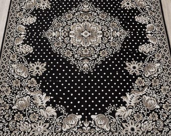 Zwart-wit bloementapijt in vintagestijl met stippen en franje – plaid katoenen plaid met boho medaillon – Eclectisch zwart-wit accenttapijt