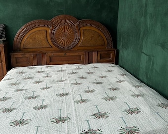 Indigo kantha-quilt handgemaakte tropische palmboom kantha-quilt – 100% katoenen boho-sprei Indiase kantha met de hand blokgedrukte kantha