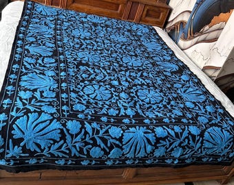 Chain Stitch Art Oezbeekse Suzani Queen Tapestry, blauw geborduurd katoenen laken, boho woondecoratie etnische sprei Boho muur hangen