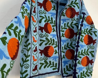 jacket Uzbek or Kashmiri-style crewel work Pomegranate Motif Blue Suzani Embroidered Jacket, Floral  Women's Clothing Artisanal Craft