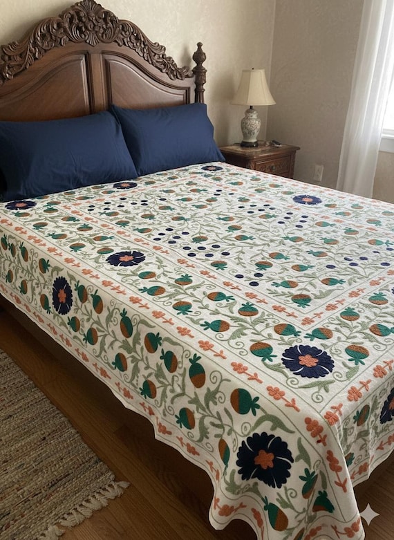 Suzani-style embroidered bedsheet Uzbek Suzani Queen Tapestry, Embroidered White cotton Bedsheet, Boho Home Decor Chain Stitch Art