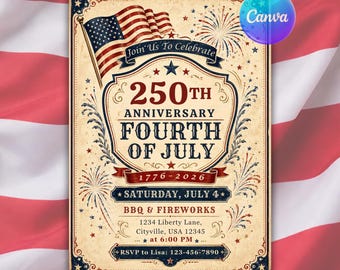 Flyer para o 4 de Julho de 2026 - Convite para Churrasco e Festa Comemorativa do 250º Aniversário dos EUA - Dia da Independência - Modelo Editável no Canva - Download Imediato