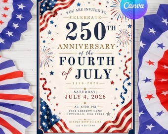 Flyer para churrasco de 4 de julho, convite para festa do 250º aniversário dos EUA em 2026, modelo editável do Canva para download digital do Dia da Independência (1776-2026).