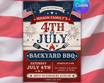 Convite para o 4 de Julho de 2026 - Churrasco e Festa para Assistir aos Fogos de Artifício do 250º Aniversário dos EUA (1776) - Modelo Editável em Canva - Download Digital - EUA
