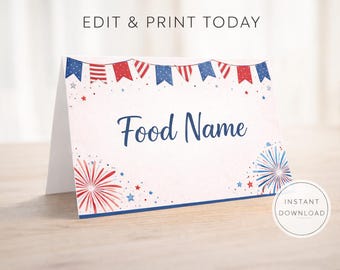 Modelo de etiquetas para comida para o 4 de julho, etiquetas para comida "America 250" para imprimir, marcadores de lugar para decoração de festa do Dia da Independência, faça você mesmo, churrasco, texto editável no Canva.